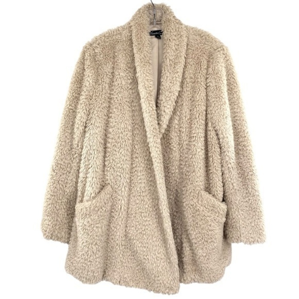 Kenneth Coal Longline Teddy Coat in Ivory Faux Fur Size XL